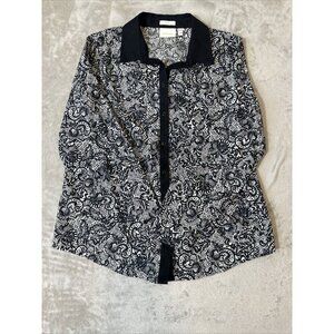 Women’s Chico’s Button Down Shirt Black White Paisley Print Size 2